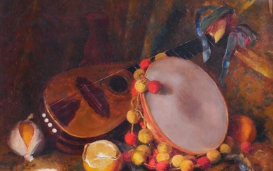 Edouard Courché - Still life with mandolin, tambourine and oranges