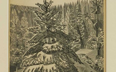 *Edward Bawden (1903-1989) signed limited etching - 'Cabin in the Forest', 8/50, dated 1952, 20.5cm x 12cm, in glazed frame
