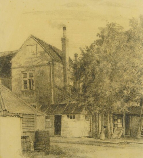 Edward Walker, British 1879-c.1955- View of a house; pencil on paper, inscribed to the reverse of the frame, 21 x 19 cm. Provenance: Christie's sale of the artist's studio, according to the inscription to the reverse: British School, mid-19th...