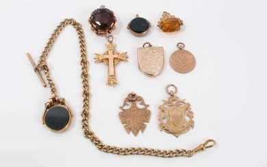 Edwardian gold and agate revolving fob on plated chain and eight other gold mounted fobs