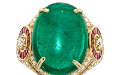 Emerald, Ruby, Diamond, Gold Ring Stones: Full-cut diamonds weighing...