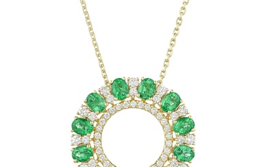 Emerald and Diamond Circle Pendant Necklace