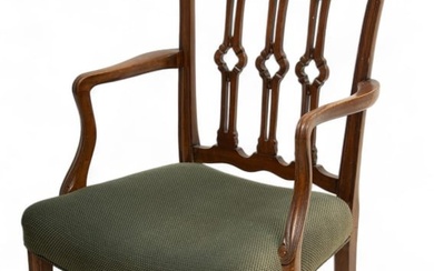 English Mahogany Saddle Seat Upholstered Open Arm Chair, Ca. Late 18th C., H 38" W 24" Depth 18"
