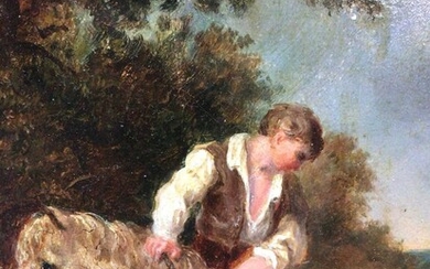 English School 19th Century A boy on his pony with his dog in a stream, oil on board, in painted frame. 17 x 15cm.