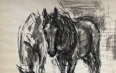 [Équitation]. José Luis REY VILA (1910-1983) Trois dessins à l'encre sur papier représentant deux chevaux...