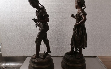 Ernest Rancoulet: A pair of French painted zinc sculptures, on round bases. 19th century second half. H. 53 cm. (2)