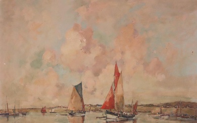Ernest VAUTHRIN (1878-1949) "Voilier et pêcheurs dans la baie" Huile sur toile, signée bas gauche...