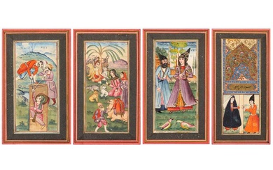 FOUR QAJAR MURAQQA' ALBUM PAGES WITH MANUSCRIPT ILLUSTRATIONS Iran, mid to late 19th century