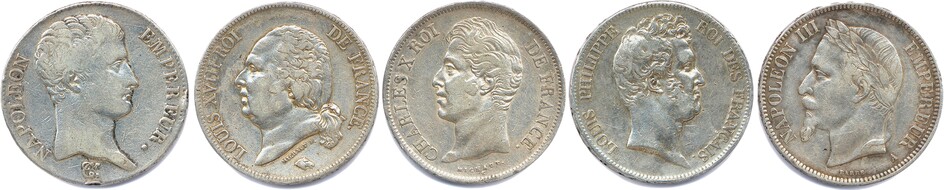 FRANCE XIXe siècle SIX monnaies françaises en argent (149,29 g le lot) : NAPOLÉON Ier...