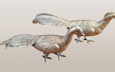 Figurine - A Pair of Large Early 20th Century Spanish 0.915 fine Silver Pheasants. (2) - Silver