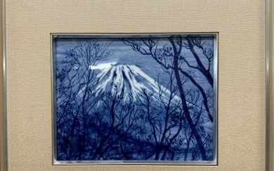 Fine Showa Japanese Aritaware Mount Fuji Hand Painted Ceramic Landscape Plaque Framed