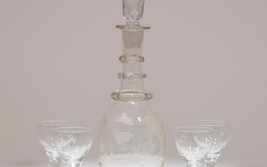 Finely Etched Victorian Crystal Decanter & Glasses
