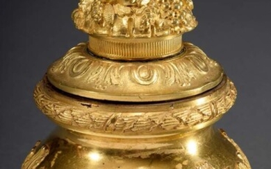 Fire-gilt bronze inkstand with plastic fruit basket attachment and glass insert, h. 11cm, pressure marks, slightly rubbed