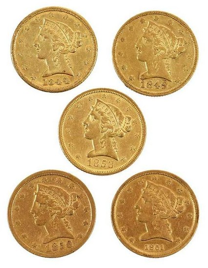 Five Charlotte Mint Five Dollar Gold Coins