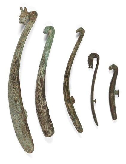 Five Chinese bronze belt hooks, Warring States - Han dynasty,...
