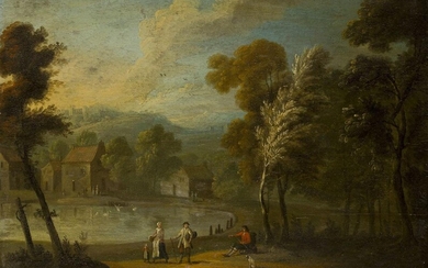 Flemish School, 18th century- Tranquil rural scene with villagers by...