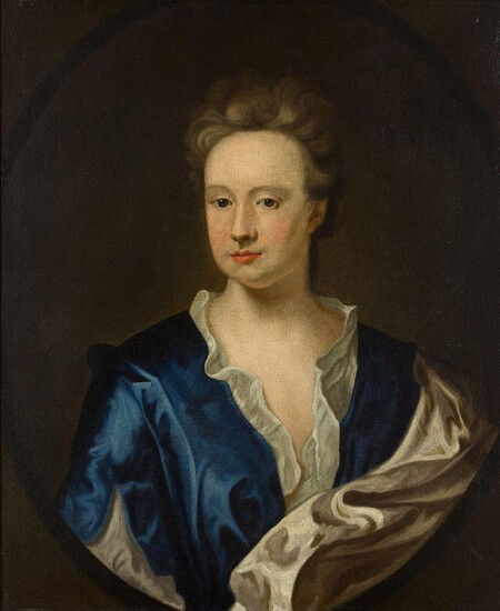 Follower of Michael Dahl the Younger, Swedish c.1659-1743- Portrait of a lady, bust-length, wearing a white and blue dress, turned to the left, in a feigned oval; oil on canvas, 76 x 63.6 cm. Provenance: Private Collection, UK.