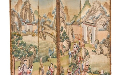 Four Chinese Export painted panels mounted as a four-fold screen, late 18th/19th century, the panels made into a screen in the 19th century