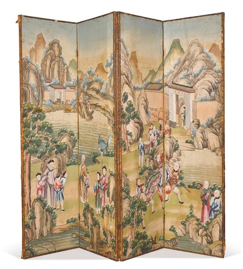 Four Chinese Export painted panels mounted as a four-fold screen, late 18th/19th century, the panels made into a screen in the 19th century