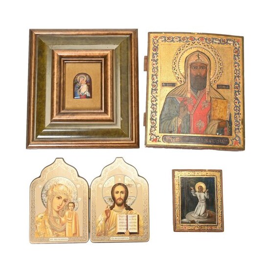 Four Eastern Orthodox Icons, Including Painted Wood and