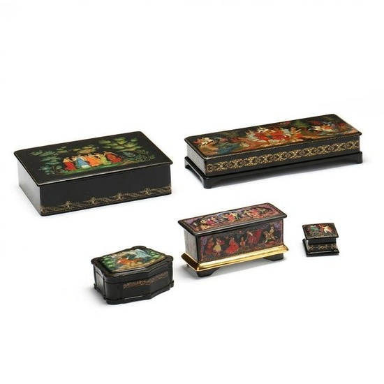 Four Vintage Russian Laquerware Boxes and a Porcelain Music Box