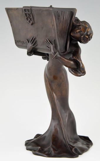 François Alphonse Piquemal - Art Nouveau bronze sculpture woman with book