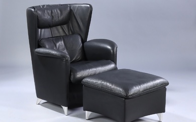 Franz-Josef Schulte / De Sede. Armchair with matching stool, model DS 23, black leather. (2)