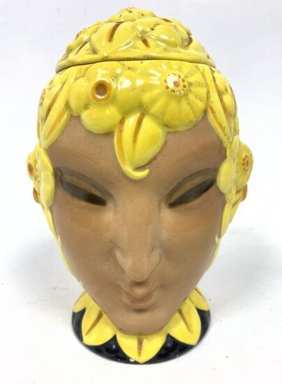 French Ceramic Figural Lidded Jar. Woman's Bust Head wi