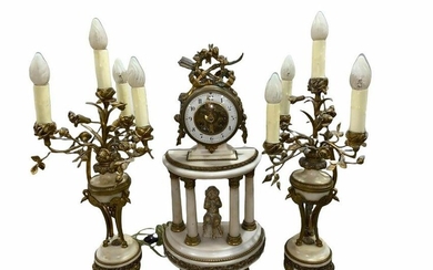 French Dore Bronze and Marble Clock Set of Three Pcs