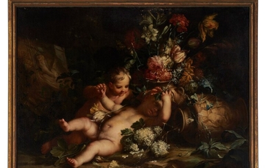 French School (18th Century), Putti with classical urns and flowers
