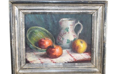 French oil on board still life painting of pitcher and...