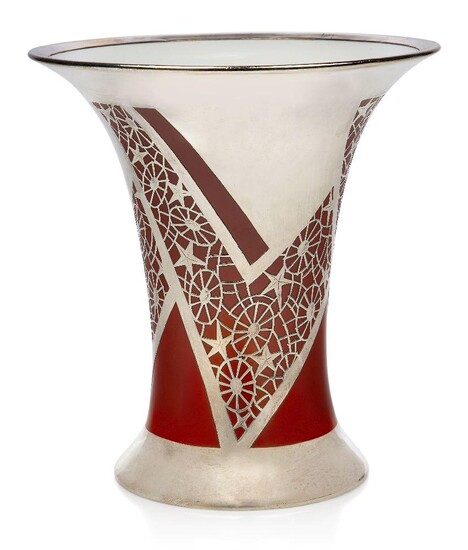 Friedrich Deusch (1855- ) for Rosenthal, Art Deco vase, 1923, Porcelain, silver overlay, Printed Rosenthal mark, painted '547', stamped '1000/1000 Deusch' on the edge of the silver covered foot, 19.5 cm high, neck 18.3 cm diameter