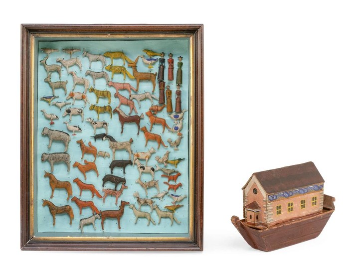 GERMAN CARVED AND PAINTED WOODEN NOAH'S ARK Together with a shadow box containing 68 animal figures. Ark height 8". Length 12". Shad..