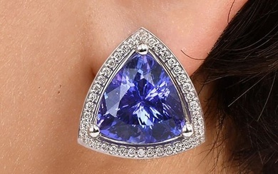 GIA Tanzanite Diamond 18K White Gold Trillion Triangular Halo Stud Earrings