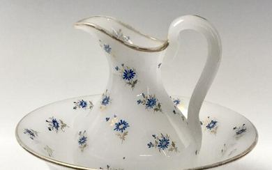 GILT AND ENAMELED BACCARAT OPALINE PITCHER AND BASIN