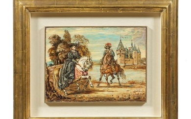 GIORGIO DE CHIRICO (Volo, Grecia, 1888 - Roma, 1978) Cavaliere e dama con castello sullo