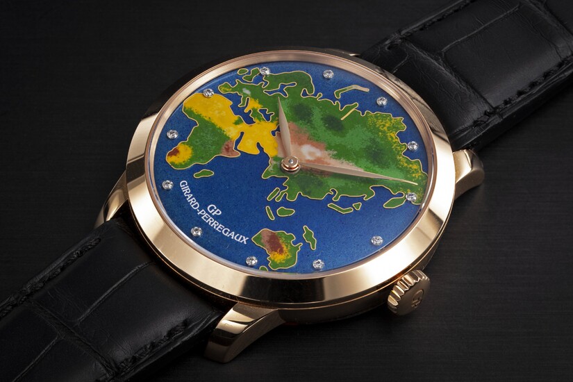GIRARD-PERREGAUX, 1966 'THE WORLD' REF. 49534, A LIMITED EDITION GOLD WRISTWATCH WITH CLOISONNÉ ENAMEL DIAL