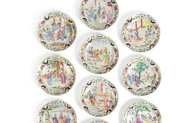GROUP OF TEN FAMILLE ROSE 'LADY'S LIFE' DISHES QING