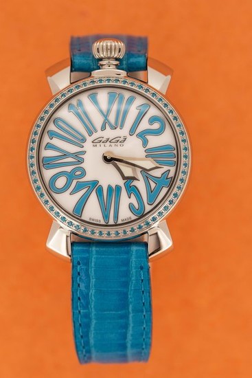 GaGà Milano - Manuale 35mm Stones Light Blue Topaz Crystals White Mother of Pearl Dial Leather Strap Swiss Made - 6025.03 - Women - BRAND NEW