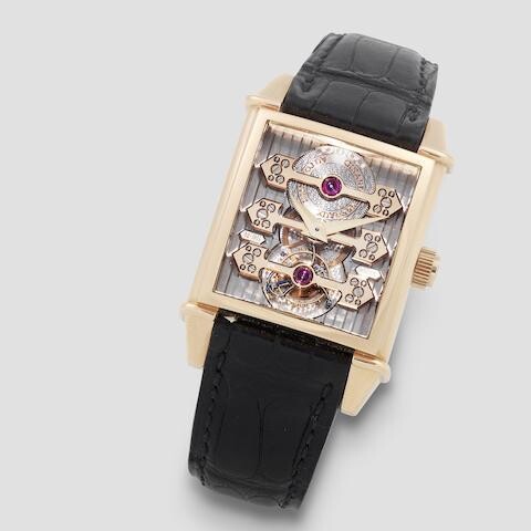 Girard-Perregaux. A fine and unusual 18K rose gold Limited Edition automatic skeletonised rectangular tourbillon wristwatch with three gold bridges