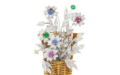 Gold, Platinum, Colored Stone and Diamond Bouquet Brooch