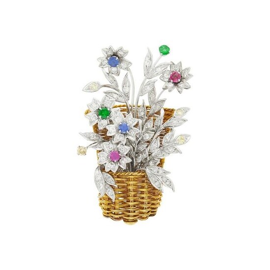 Gold, Platinum, Colored Stone and Diamond Bouquet Brooch