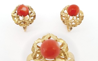 Gold ring and earrings decorated by 3 6mm coral balls....