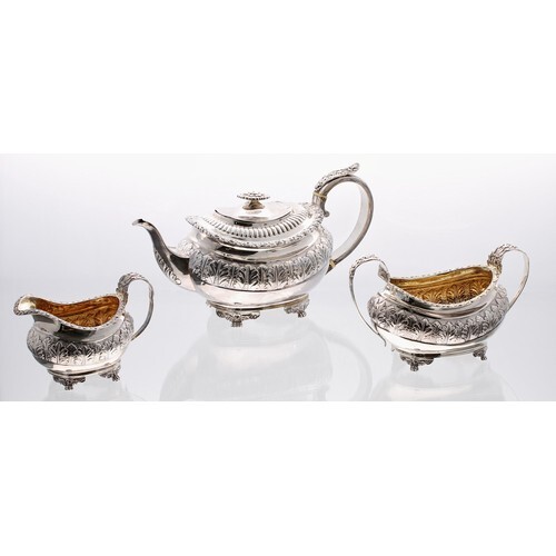 Good George IV boat shaped silver three piece tea set, compr...