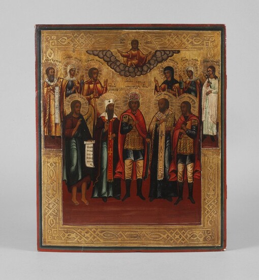 Grande icône avec des saints choisisRussie, fin du 19e s., désignation en slave ecclésiastique, détrempe...