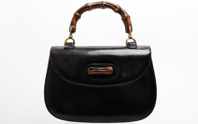 Gucci Black Leather & Bamboo Motif Handbag