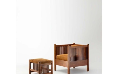 Gustav Stickley (1858-1942) Armchair model 391, 'Cube chair' and its footrest