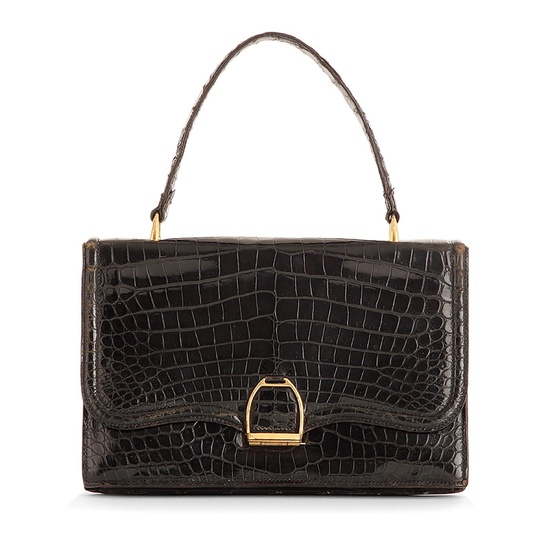 #HERMÈS PARIS Etrier handbag in black crocodile leather Hardware in gilt metalHandle in black crocodileLining in black leather(Some...