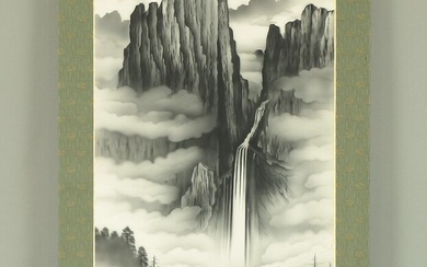 Hanging scroll, Painting - Silk - with signature 'Wako' 和光 - Kasai Wako 笠井和光(b1917) - Titled 'Echoes of High and Steep Mountains' 峻響 with Original Double Box - Japan - Shōwa period (1926-1989)