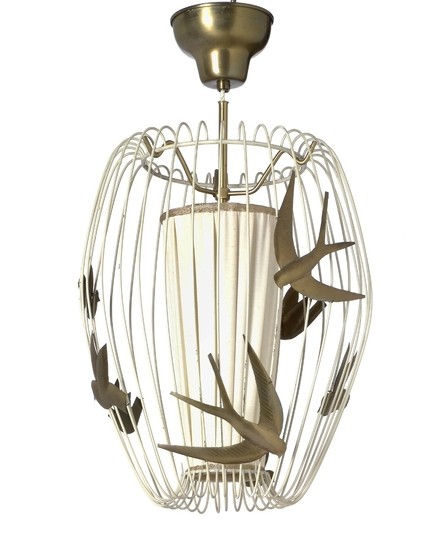 Hans Bergström: Celing lamp. Lacquered metal and brass, fabric shade. Decorated with swallows and small birds, brass canopy.
